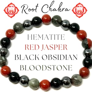 May include: Root Chakra bracelet made with red jasper, black obsidian, hematite, and bloodstone beads.