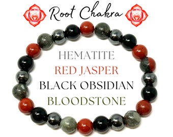 Root Chakra Bracelets - Black Obsidian, Bloodstone, Hematite & Red Jasper 8mm Gemstone Beads (Chakra Alignment)