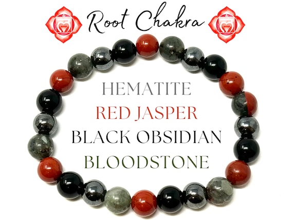 Root Chakra Bracelets - Black Obsidian, Bloodstone, Hematite & Red Jasper 8 mm Gemstone Crystal Beads (Chakra Alignment Bracelets)