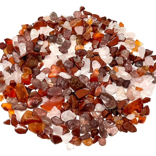 Attract Love Chip Mix - Carnelian, Red Jasper, Rose Quartz & Strawberry Quartz Semi Tumbled Gemstone Mini Chips 3 - 10mm Wholesale Bulk Lots