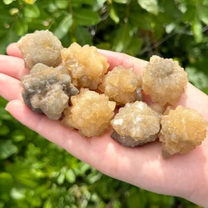 May include: A collection of small, rough, crystalline mineral clusters in shades of golden yellow, amber, and translucent gray. These natural stone formations feature jagged, multi-faceted surfaces with a sparkling, druzy texture throughout.