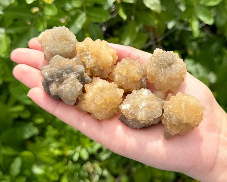 May include: A collection of small, rough, crystalline mineral clusters in shades of golden yellow, amber, and translucent gray. These natural stone formations feature jagged, multi-faceted surfaces with a sparkling, druzy texture throughout.
