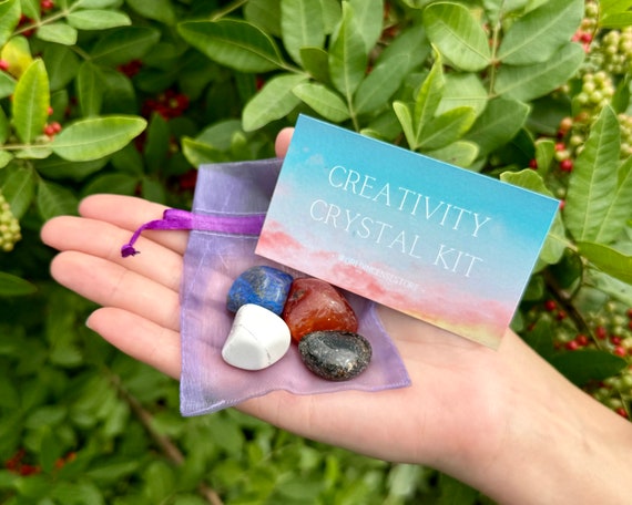 Creativity Crystal Kit, 4 pcs In Organza Pouch - Most Popular Tumbled Crystal Gift Kits (Open Mindedness Chakra Protection Healing Sets)