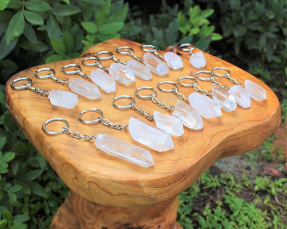 Clear Quartz Crystal Point Keychains - Natural Quartz Gemstone Keyrings - Wholesale Bulk Lots