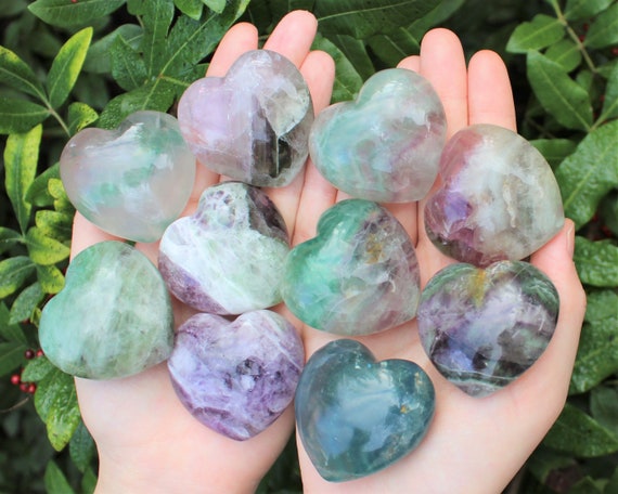 Fluorite Heart Stone, LARGE 1.75" ('A' Grade Premium Quality Rainbow Fluorite Crystal Hearts, Natural Fluorite Gemstone Hearts)