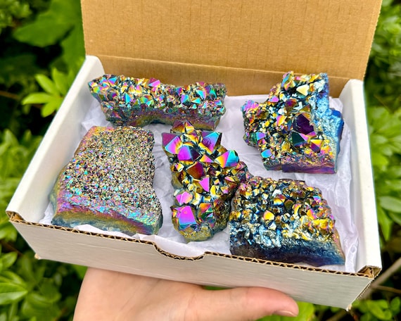 Rainbow Aura Amethyst Cluster Box, 4 - 5 Piece Titanium Aura Amethyst Crystals ('AAA' Grade Titanium Aura Quartz, Metallic Amethyst)