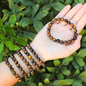 Gold Tiger Eye Bead Bracelet: 6 mm or 8 mm Round Crystals (Premium Grade Stretch Gemstone Bracelet)