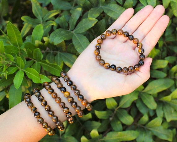 Gold Tiger Eye Bead Bracelet: 6 mm or 8 mm Round Crystals (Premium Grade Stretch Gemstone Bracelet)