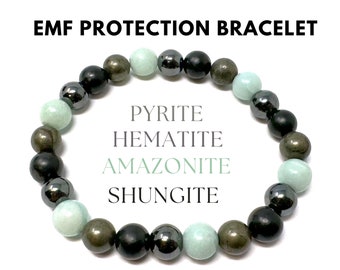 EMF Protection Bracelet: Shungite, Hematite, Pyrite & Amazonite 8 mm Round Protection Crystals (Crystal Healing Bracelet, Gift)