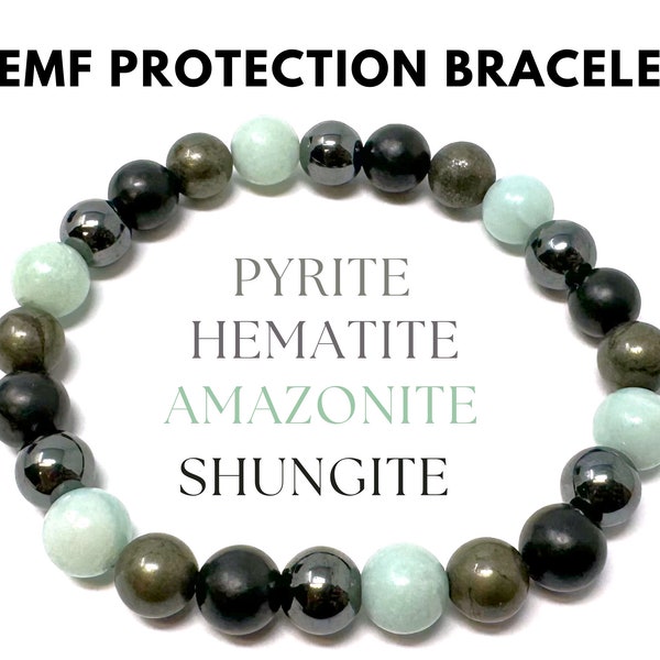 EMF Protection Bracelet: Shungite, Hematite, Pyrite & Amazonite 8 mm Round Protection Crystals (Crystal Healing Bracelet, Gift)