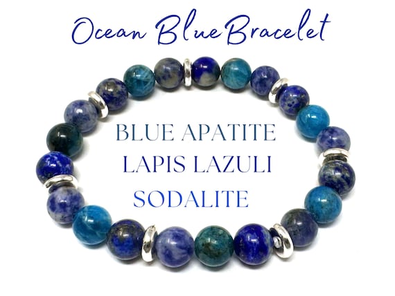 Ocean Blue Bead Bracelet: Blue Apatite, Lapis Lazuli & Sodalite 8 mm Round Blue Crystals (Blue Gemstone Bracelet, Blue Crystal Bracelet)