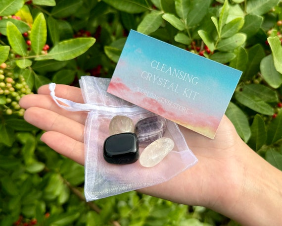 Cleansing Crystal Kit, 4 pcs In Organza Pouch - Most Popular Tumbled Crystal Gift Kits (Purifying Chakra Protection Healing Sets)