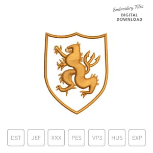 May include: A gold embroidery design of a heraldic lion on a white shield. The design is available in multiple embroidery file formats, including DST, JEF, XXX, PES, VP3, HUS, and EXP.
