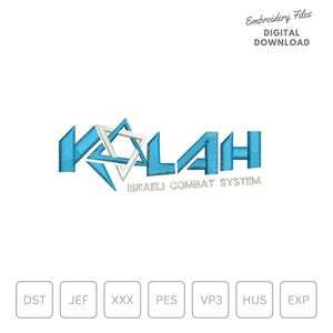 Puede incluir: Archivo de diseño de bordado para un logotipo azul y blanco con el texto "KALAH ISRAELI COMBAT SYSTEM". El logotipo presenta una Estrella de David estilizada. El diseño está disponible en los formatos DST, JEF, XXX, PES, VP3, HUS y EXP.