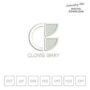 May include: White embroidery design of the letters "CB" in a circle, with the text "CLOVIS BRAY" below. The design is available in the following formats: DST, JEF, XXX, PES, VP3, HUS, EXP.