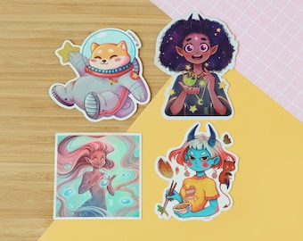 Waterproof Die Cut Vinyl Stickers ~ Waterproof Die Cut Sticker ~ Cute Colorful ~ Space Shiba Inu ~ Witch ~ Mermaid ~ Demon Girl ~ Ramen