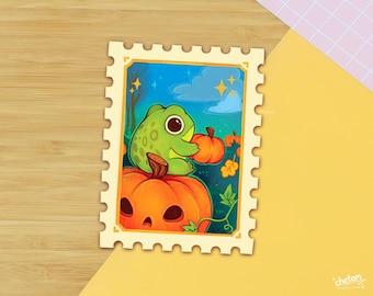 NEW DESIGN - Halloween Frog Pumpkin Toad Stamp Holographic Vinyl Die Cut Sticker ~ Cute Decor Gold Sticker ~ Waterproof Decal Glossy Holo