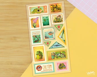 Frog Friends Stamp Sticker Sheet ~ Vinyl Matte & Golden Foil Stickers ~ Stationery ~ Bullet Journal decor ~ Cute Frog toad Stickers ~ chetom