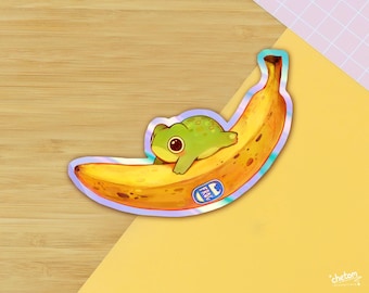 Banana Frog Holographic Vinyl Die Cut Sticker ~ Cute Decor Holographic Sticker ~ Waterproof Decal Glossy Holo Stickers ~ Frog Sticker