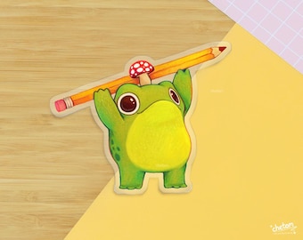 Pencil Frog Transparent Vinyl Die Cut Sticker ~ Cute Decor Frog Sticker ~ Waterproof Decal Matte Transparent Stickers ~ Ferdinand Frog art