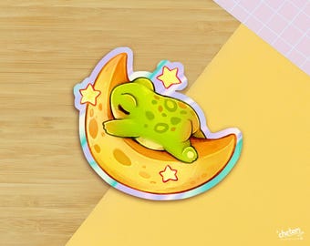 Moon Frog Holographic Vinyl Die Cut Sticker ~ Cute Decor Holo Sticker ~ Waterproof Decal Glossy Stickers ~ Frog Sticker ~ Whimsical Frog Art