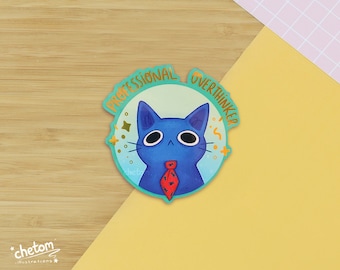 Professional Overthinker Cat ~ Waterproof Die Cut Vinyl Stickers ~ Cute Colorful Decor ~ Fish tie Cat ~ Gold ~ Stars ~ Mirrored ~ Golden