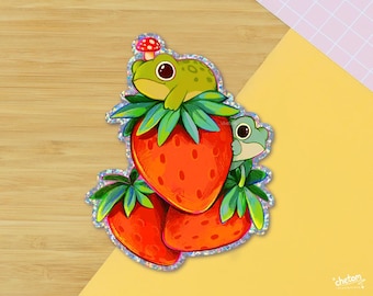 Strawberry Frogs Glitter Vinyl Sticker ~ Frog Toad Sticker ~ Toad Stationery ~ chetom ~ Ferdinand Frog ~ Frog Vinyl Decal ~ Cute Strawberry