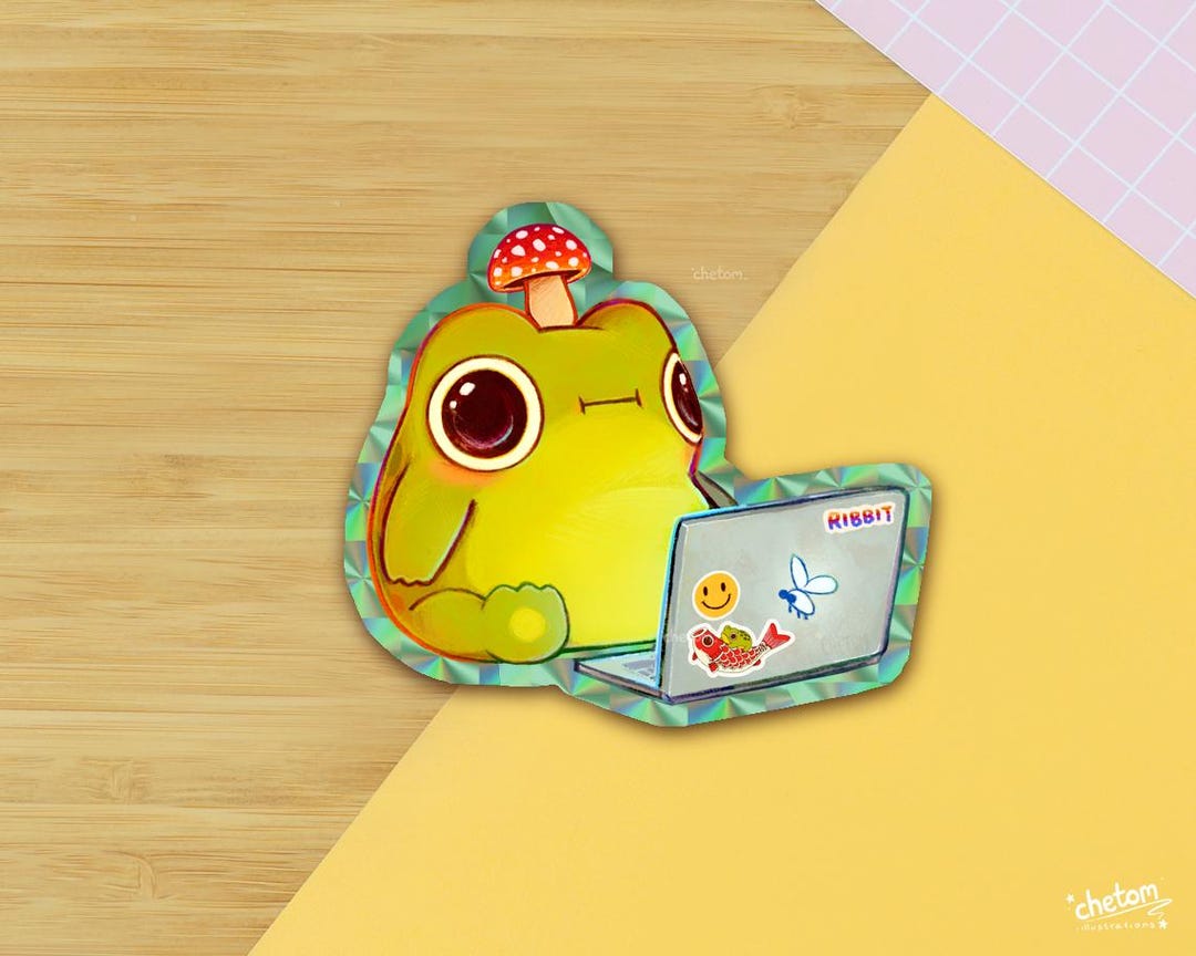 Frog With PC Holo Prismatic Vinyl Die Cut Sticker ~ Cute Decor ...