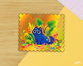 Holographic Cookie the Cosmic Cat Vinyl Stamp Sticker ~ Cute Decor Gold Sticker ~ Waterproof Decal Glossy Holo ~ Cat Sticker