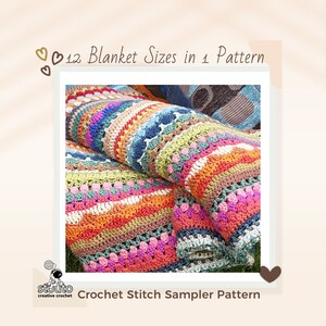 Crochet Blanket Pattern Striped Afghan Stitch Sampler , 12 Blanket Sizes in PDF Download