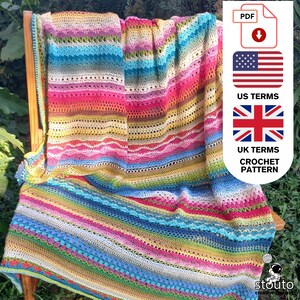UK terminology crochet sampler blanket pattern, include beautiful ripple crochet stitches, the every so pretty tupil stitch, flower double crochet stitch patterns, a fun twist on the saddle stitch, and crochet blanket block stitch are some of the stitches in pattern.