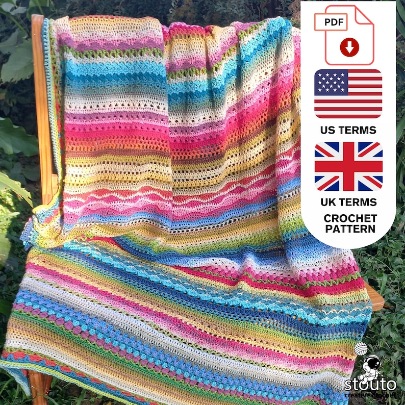 UK terminology crochet sampler blanket pattern, include beautiful ripple crochet stitches, the every so pretty tupil stitch, flower double crochet stitch patterns, a fun twist on the saddle stitch, and crochet blanket block stitch are some of the stitches in pattern.