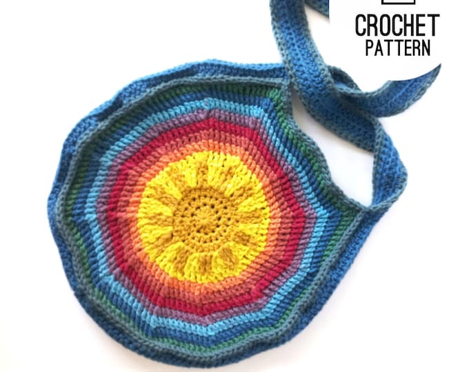 Round Crossbody Totebag crochet pattern, Rainbow Striped Sunnyside Art Circle Bag