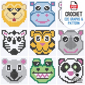 May include: A set of nine crochet animal face patterns, including a lion, hippo, tiger, rhino, koala, frog, and panda. The patterns are in C2C format and include both graphs and written instructions. The patterns are available as a digital download.