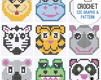 C2C Wild Animal Graphs, Crochet Squares Bundle, 9 Baby Animal Faces, Perfect Baby Blanket Pattern , Digital PDF Download