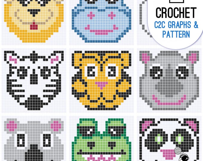 C2C Wild Animal Graphs, Crochet Squares Bundle, 9 Baby Animal Faces, Perfect Baby Blanket Pattern , Digital PDF Download