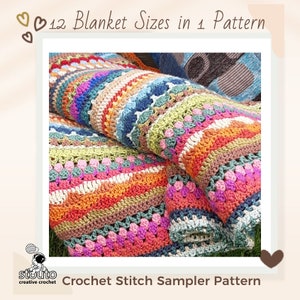 Crochet Blanket Pattern Striped Afghan Stitch Sampler , 12 Blanket Sizes in PDF Download