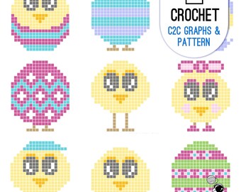 C2C Easter Themed 9 Graphs and Patterns, 9 Easter Themed Graphs, Baby Chicks & Easter Egg Motif Squares in one Digital PDF Pattern