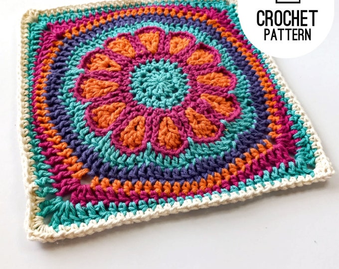 Flower in the center crochet square, Center stage daisy large crochet blanket 9inch square pattern PDF digital pattern