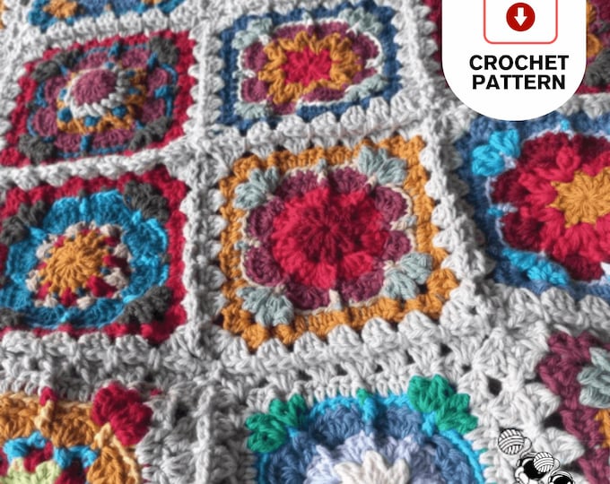 African Daisies Blanket | Small Granny Square Blanket  | PDF Crochet Pattern