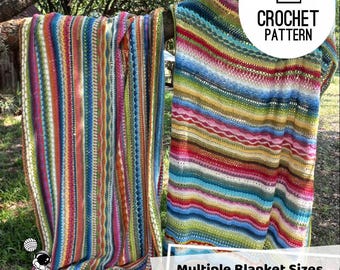 Stitch Sampler Blanket Crochet Pattern, Rainbow Striped Temperature Blanket, Mixed Crochet Stitches, 12 Blanket sizes in one PDF Pattern
