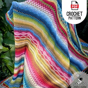 easy crochet stitch sampler blanket draped over chair