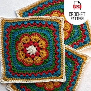 Peut inclure: Patron de crochet PDF pour un carré coloré avec un motif de fleur au centre. Le carré est réalisé avec du fil jaune, rouge, vert, bleu et blanc.