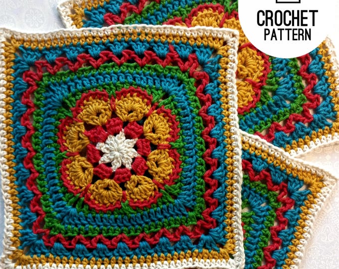 Flower Granny Square, 9-inch Square Crochet Pattern, 8 petal African flower large square for afghan PDF photo tutorial