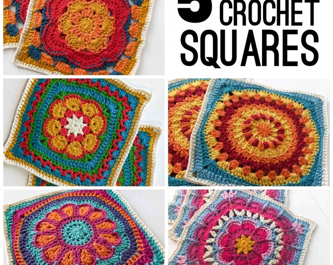 Collection of 5 Flower Crochet 9-inch Square Patterns Digital Pdf Download for Granny Square Blanket or Afghan