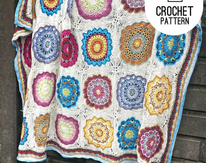 Crochet Blanket Pattern, Flower Squares Afghan Pattern , 8 Large Granny Square in Easy Crochet Pattern, PDF Digital Download