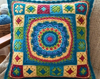 Flower & Squares Crochet Pillow Pattern | Granny Square Cushion | Crochet Flower Pillow | Patchwork Pillow Cover PDF Crochet Pattern