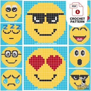 Puede incluir: Un patrón de crochet para 8 emojis diferentes. El patrón incluye un emoji durmiendo, un emoji guiñando un ojo, un emoji con ojos de corazón, un emoji sorprendido, un emoji llorando, un emoji con gafas de sol, un emoji sonriente y un emoji con gafas de sol y la lengua fuera.