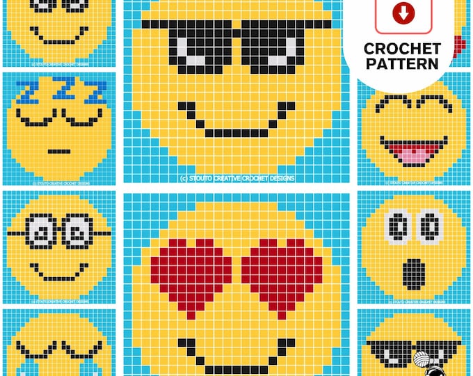 C2C Emoticons 12 Graphs, Crochet Squares Pattern Bundle, 12 Emoticons Graphs and Written Pattern in one Digital PDF