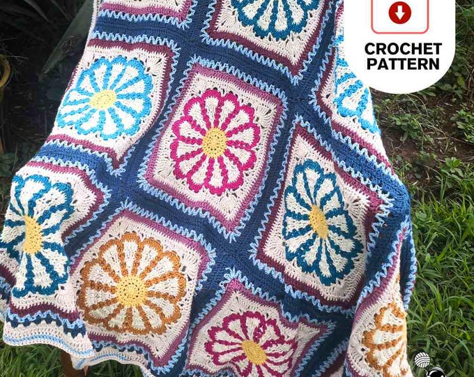 Granny Square Blanket Pattern, Daisy Crochet Squares, Flower Afghan, Easy Blanket Crochet Pattern Digital PDF